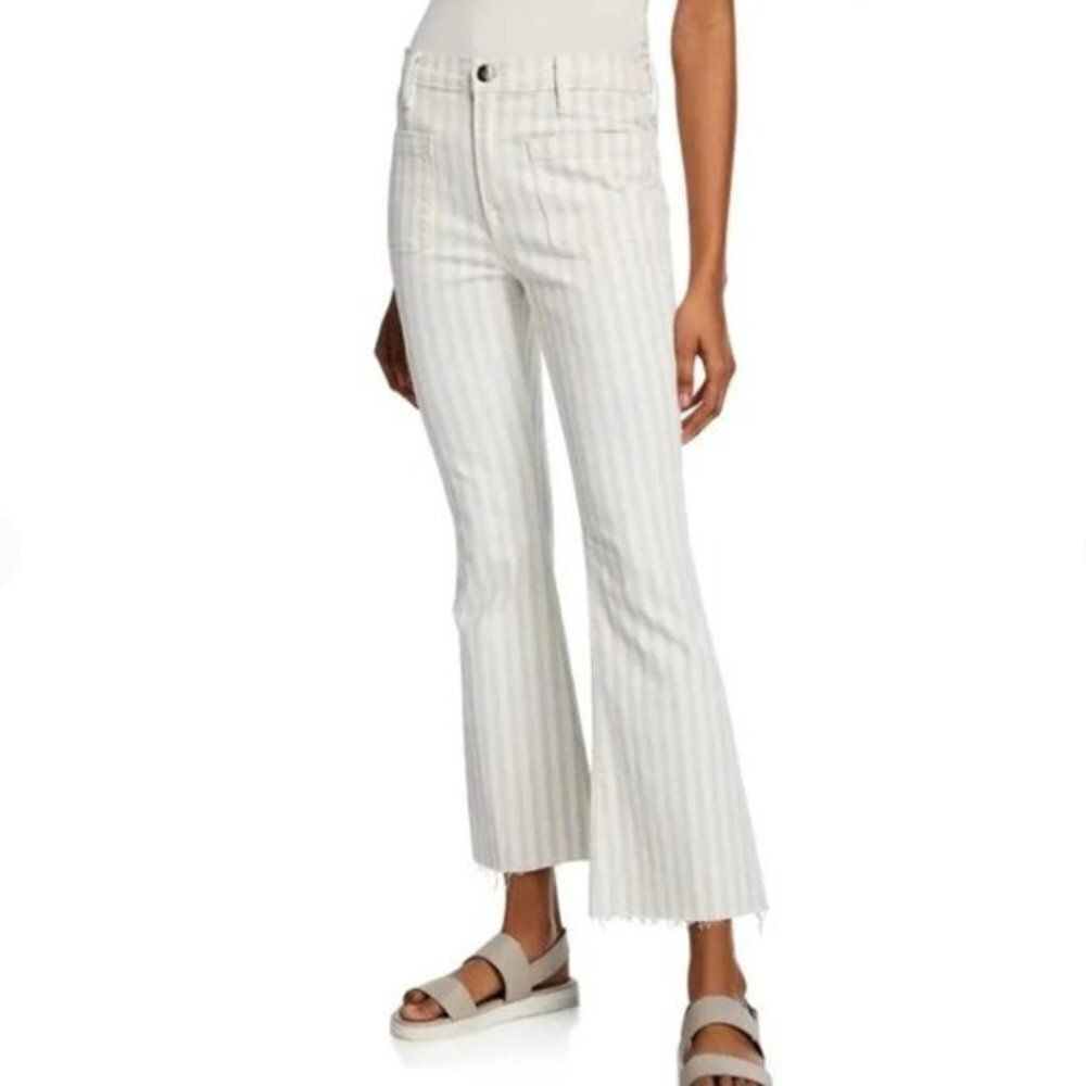NEW FRAME Le Bardot Crop Flare Jeans Striped Raw Edge White Tan Women's Size 30